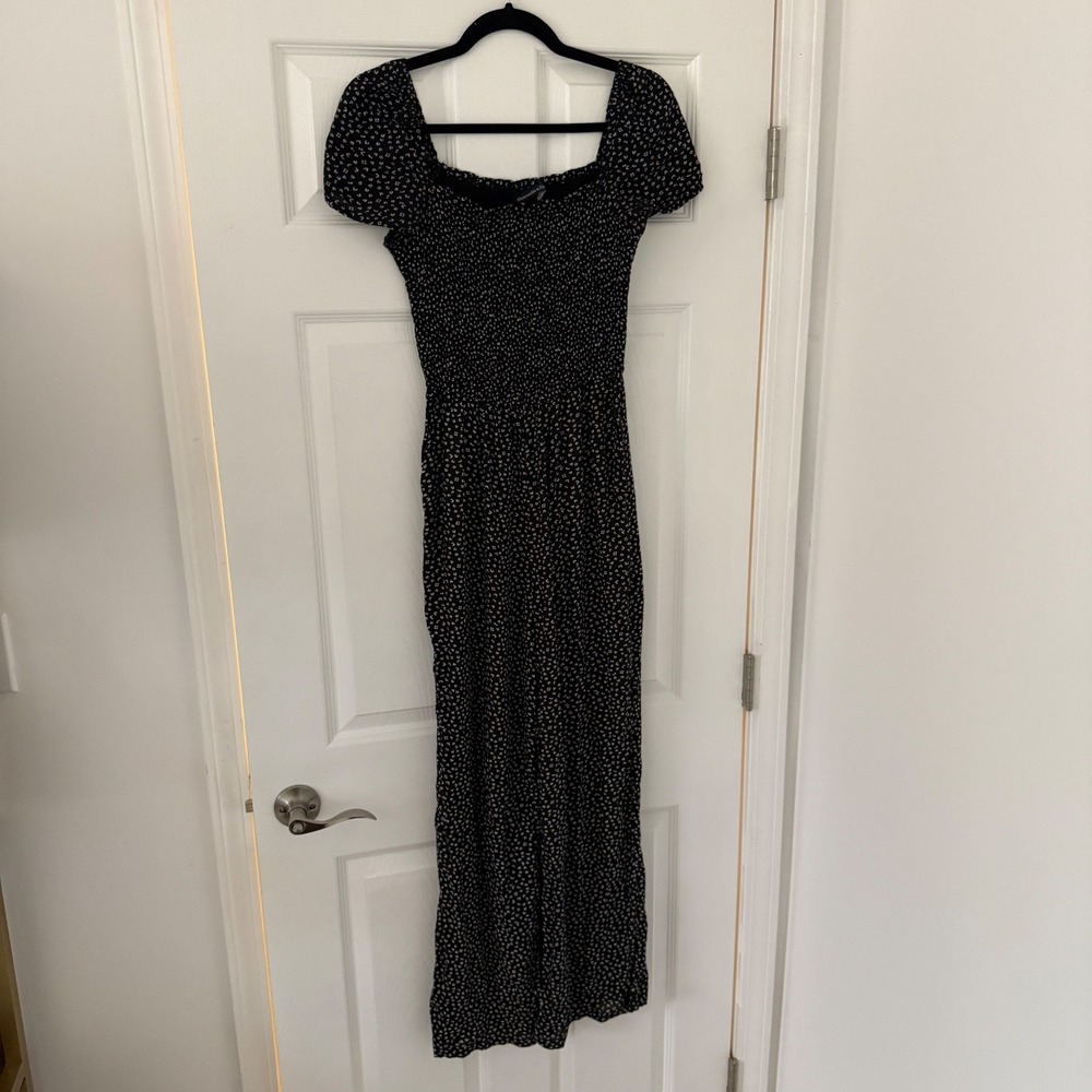 Abercrombie Fitch Black White Ditsy Floral Smocked Square Neck Jumpsuit S Whimsy
